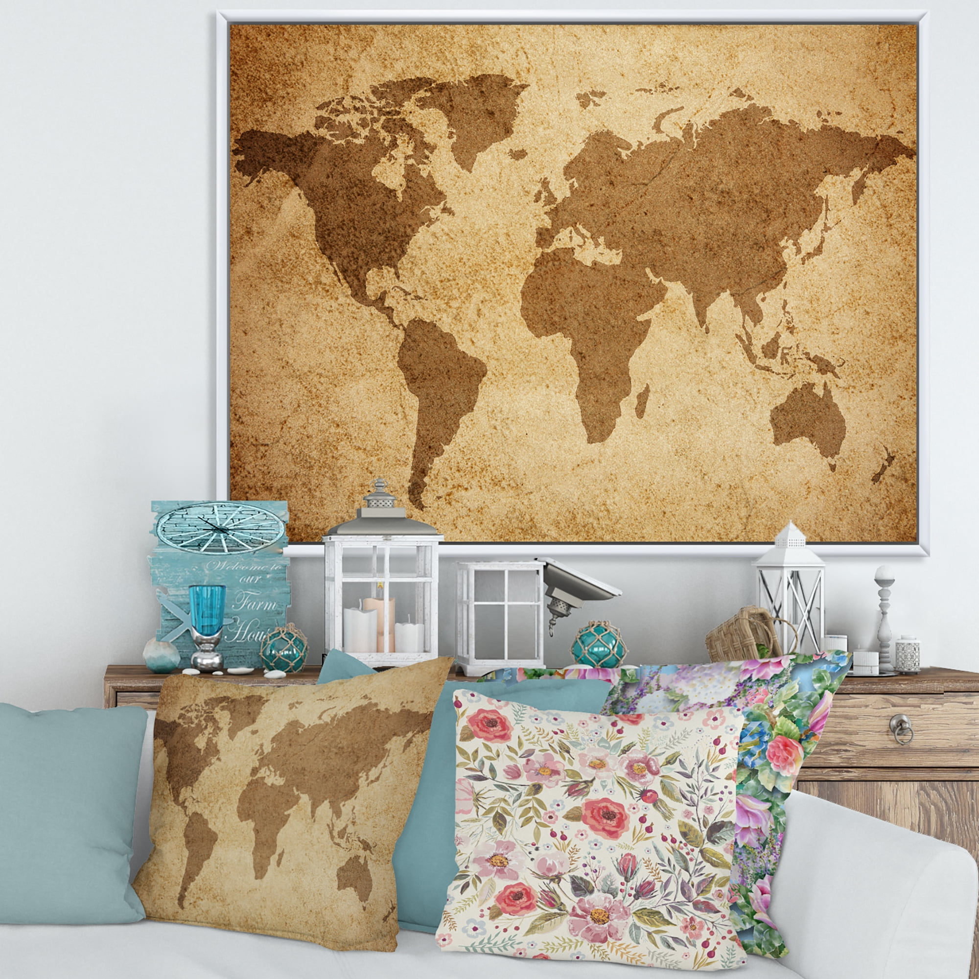 Designart 'Ancient World Map V' Vintage Framed Canvas Wall Art Print