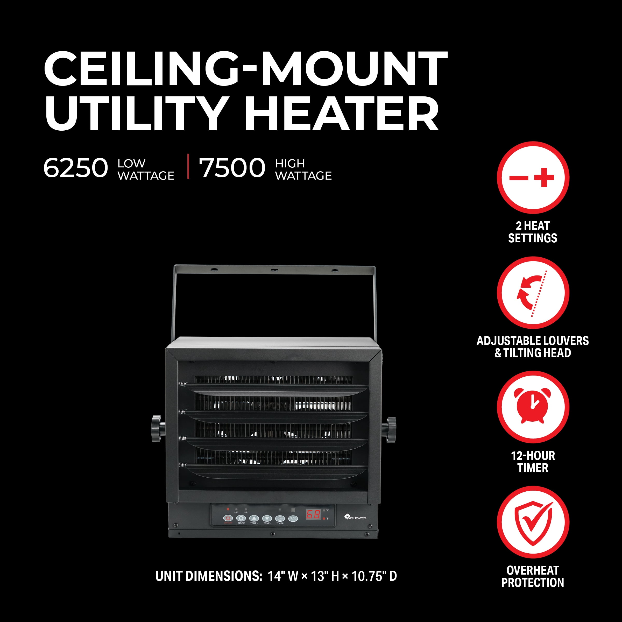 Mr Heater 7,500/6,250W 240V Ceiling Mount Electric Garage Heater with Adjustable Louvers and Digital Thermostat