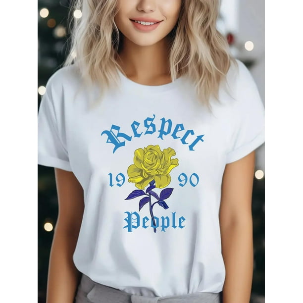 Camiseta informal de cuello redondo para mujer con estampado de flores amarillas, 100 % algodón, ligeramente elástica, manga corta para todas las estaciones. Para adultos, hombres, mujeres, adolescen