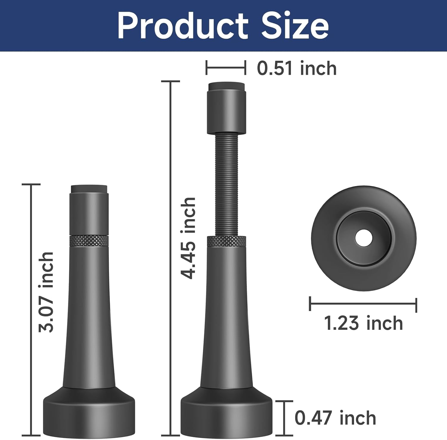 JJEAN-Adjustable Door Stopper, 3.07-4.45in Aluminum Door Stoppers for Bottom of Door, Matte Black Door Stop for Wall with Silicone Tip, Screw & Adhesive Installation