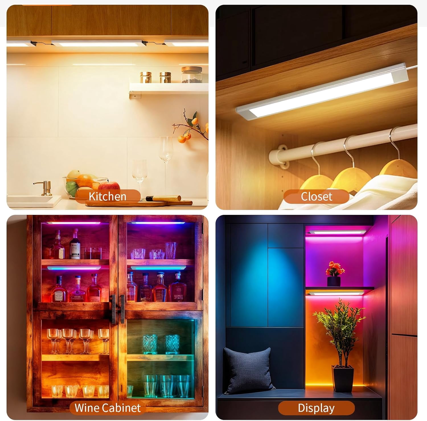 RGB Under Cabinet Lighting with Adjustable White Light, Ultra-Thin LED Light Bars, APP & Voice Control (Alexa/Google), Remote & Button Control, Linkable Lights for Kitchen Cabinets, Shelves 6 Pack