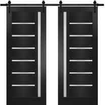 Sturdy Double Barn Door with | Quadro 4088 Matte Black with Frosted Glass | 13FT Rail Hangers Heavy Set | Solid Panel Interior Doors