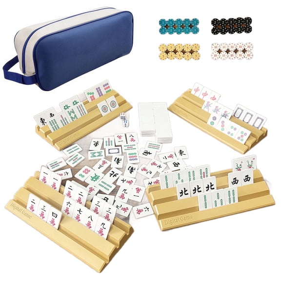 Portable Chinese Mahjong Set 144 Tiles with Yellow Racks, Travel Mahjong Game Kit with Dice & Chips, Mahjong Game Tiles Set for Family Party