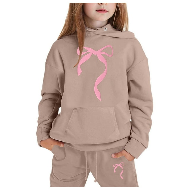 HNMKIU Ensemble 2 Pcs pour Filles Ensemble Décontracté à Capuche pour Enfants avec Imprimé Nœud