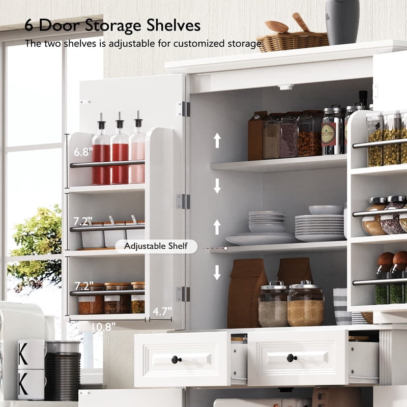 Farmhouse Kitchen Pantry Cabinet with 3 Pull Out Cabinet Organizers, Tall Kitchen Storage Cabinet with 2 Drawers, Freestanding Kitchen Cupboard with 6 Door Shelves