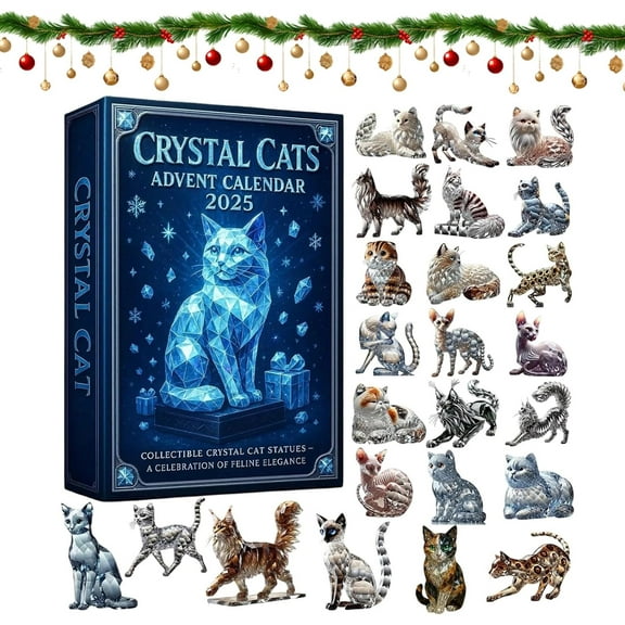 Crystal Cats Advent Calendar 2025, 24 Days Collectible Crystal Cat Pendant Set, 2025 Advent Calendar, Christmas Countdown Calendar for Cats Lovers (1 Set)