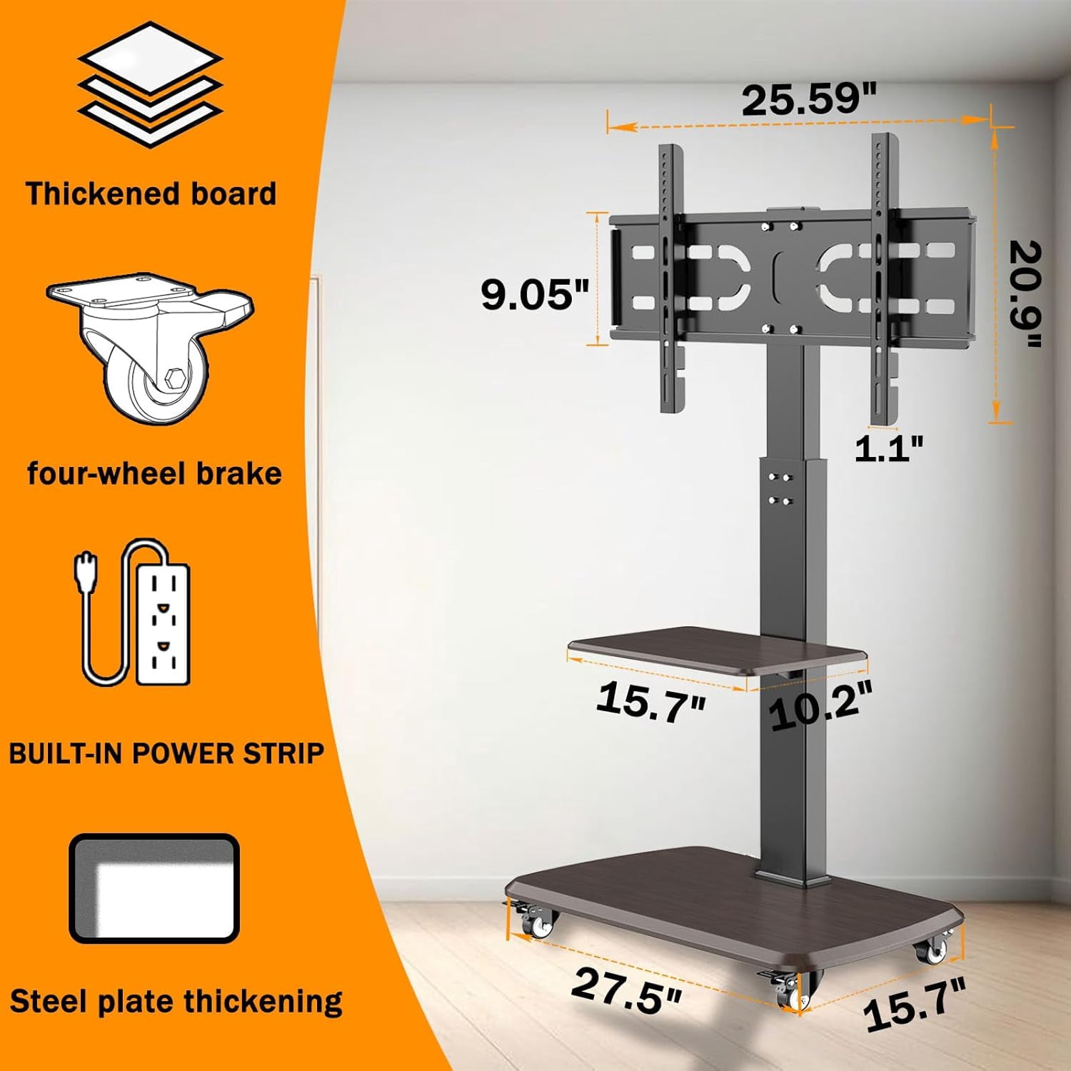 Rolling TV Stand with Power Outlet for 32 to 65 70 75 80 inch TVs up to 132 lbs Adjustable Mobile TV Cart with AV Shelf Portable Mobile TV Stand with Wheels for Outdoor, Bedroom, Living Room