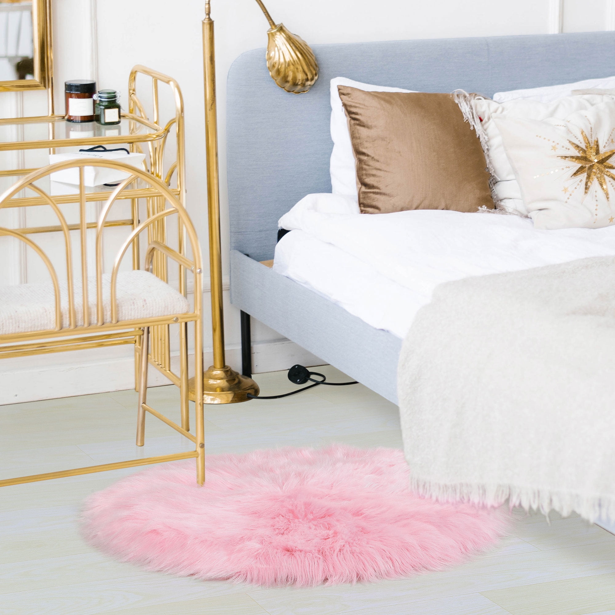 Unique Bargains Artificial Animal Wool Soft Faux Fur Sheepskin Plush Area Rug Light Pink 2x2 Feet Round