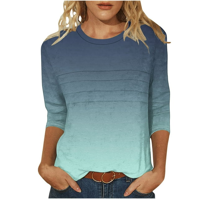 Olyvenn T-Shirts pour Femmes à Manches 3/4 Été 2025, Imprimé Dégradé, Col Rond, Décontracté, Basique, Coupe Tunique, Blouse, Vert Armée, G