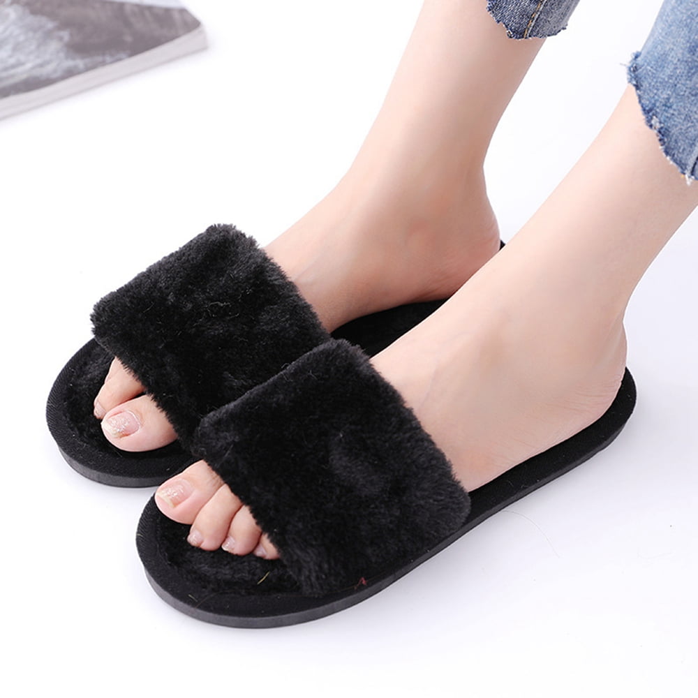 Aerusi Faux Fur Fluffy Plush Single Strap Flat Open Toe Slide On Slipper Sandals