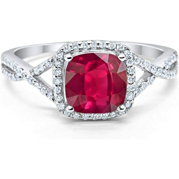 beryl_creation 925 Sterling Silver 2.00 Ct Cushion Cut Red Ruby Wedding Engagement Halo Ring 14K White Gold Plated For Women's -4.5