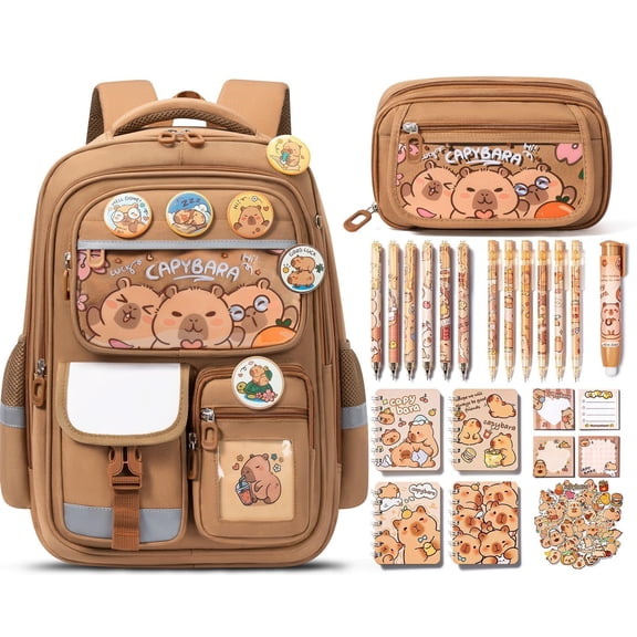 28PCS Kawaii Capybara Backpack with Pencil Case & Stationery Set
