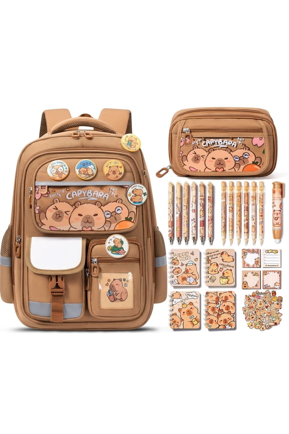 28PCS Kawaii Capybara Backpack with Pencil Case & Stationery Set