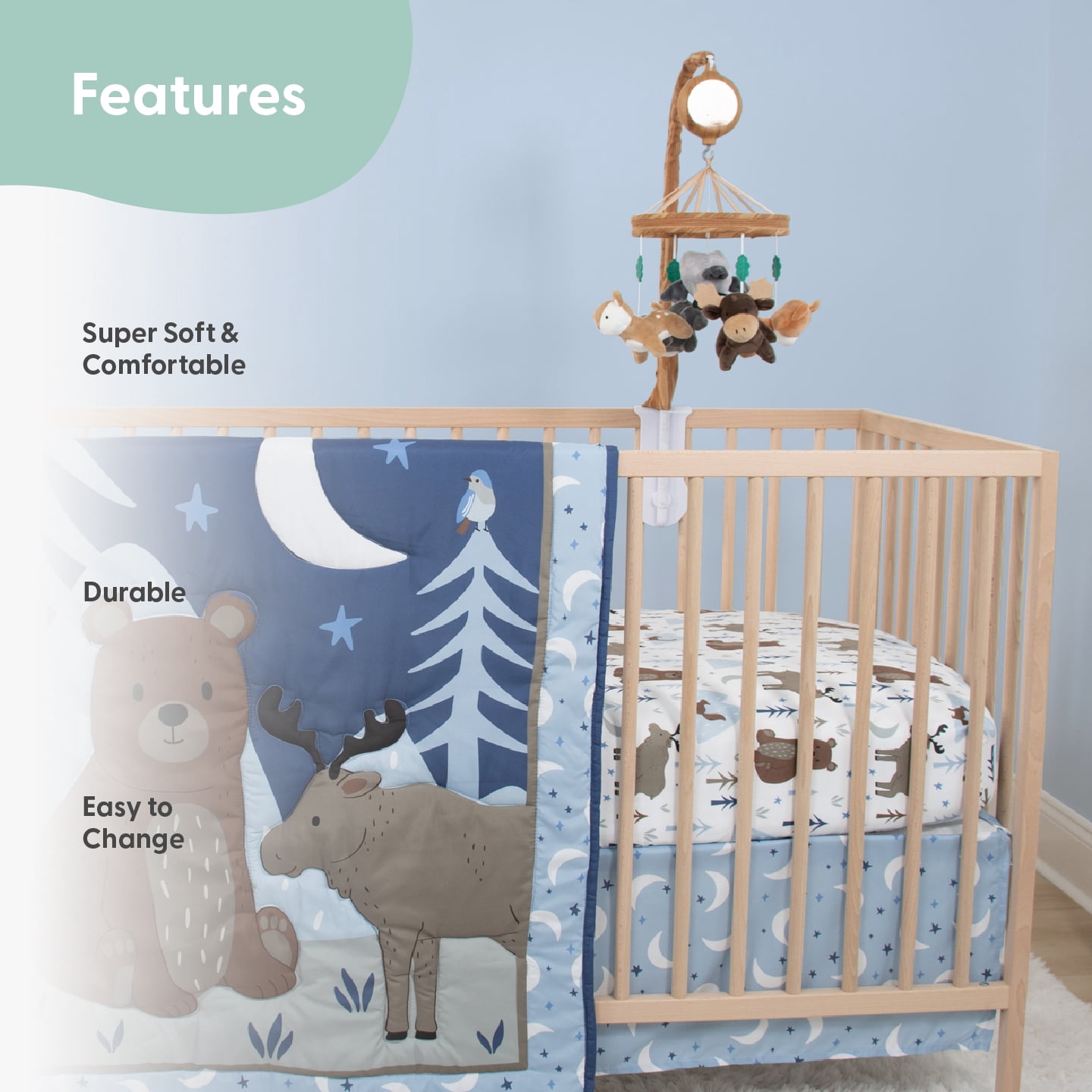The Peanutshell Crib Bedding, Elephant Walk Baby Crib Bedding Set & Stuffie Plush Toy, 4-Piece Set