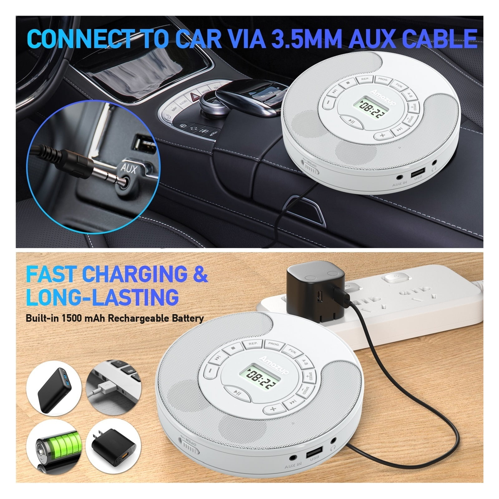 CD Player Portable Rechargeable Player Supports CD/CD-R/CD-RW/MP3 and USB with Headphone