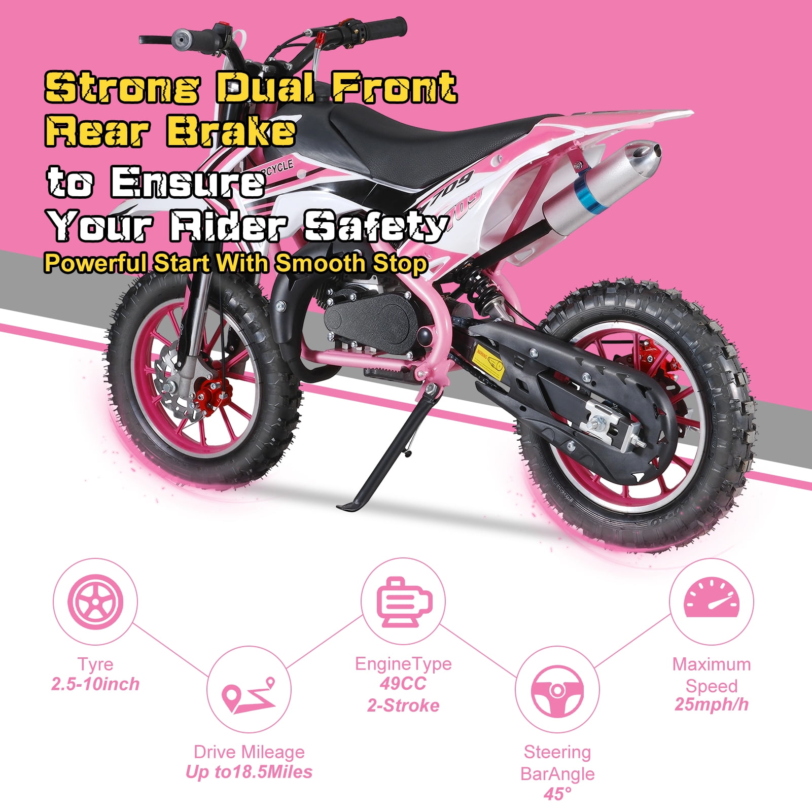 Fompes 49CC 2-Stroke Gas Powered Mini Dirt Bike Kids Dirt Bike 30KM/H Max Speed Easy Pull Start Front & Rear Disc Brakes 330LBS Capacity - Pink