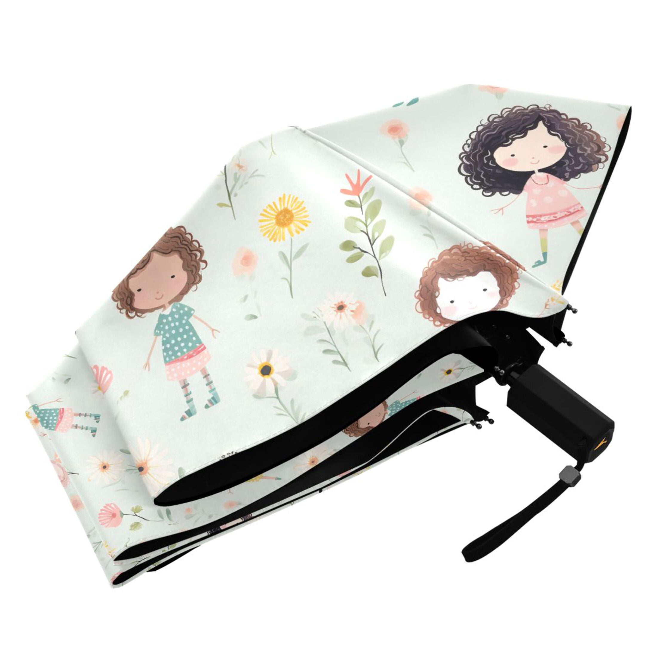 Little Girl and Flower Compact Sun Umbrella Windproof Travel Umbrellas for Rain Strong Portable UV Protection