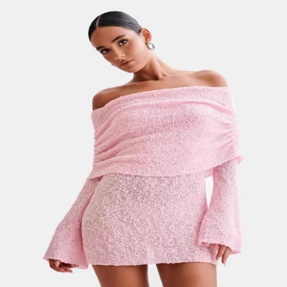 LYMAYTER Women's Off-Shoulder Mini Short Dress Bodycon Long Sleeve Crochet Mesh Elegant Sweater Dresses