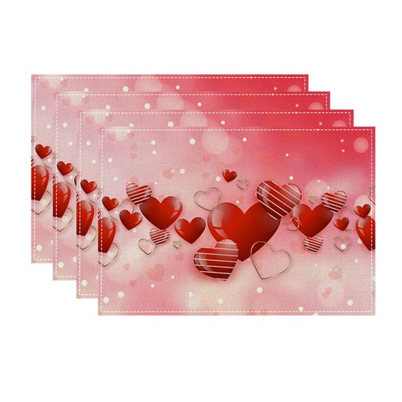 KCEHTA Valentines Day Placemats Set of 4 Love Heart Valentines Placemats 12x18 Inch Seasonal Wedding Anniversary Birthday Table Mats for Party Kitchen Dining Valentines Day Decorations
