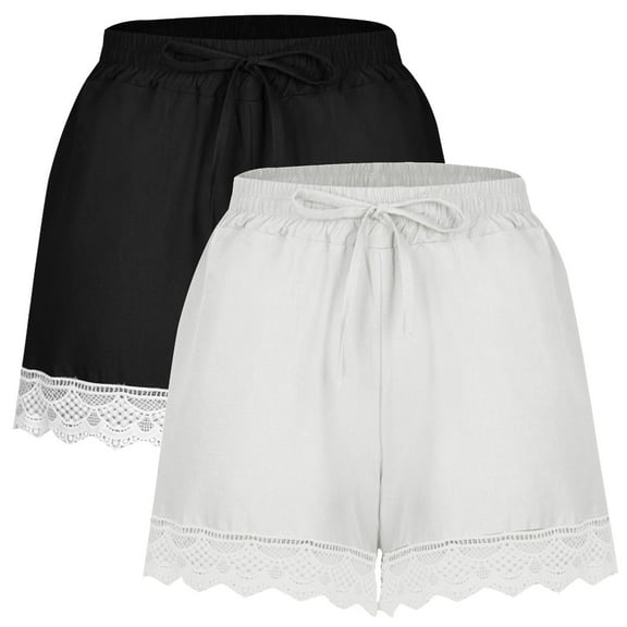 BLVB 2PC Cotton Linen Shorts for Women Summer Casual Lace Trim Loose Beach Shorts Drawstring Waist Lounge Shorts