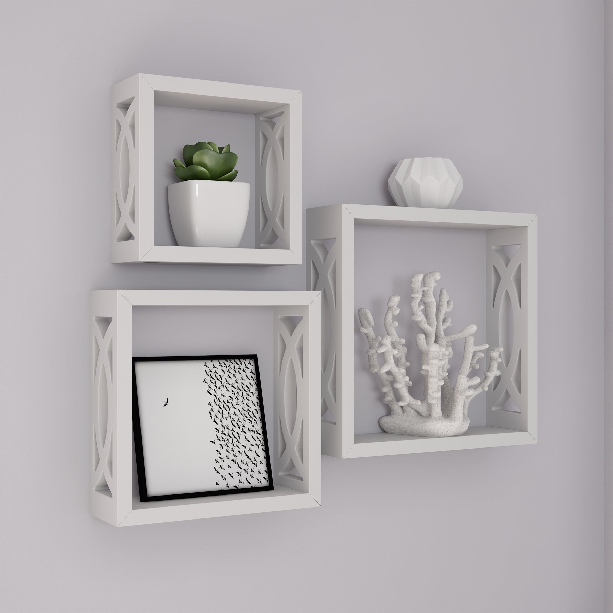 Floating Shelves- Open Cube Wall Shelf Set with Hidden Brackets, 3 Sizes to Display Decor, Photos, More- Hardware Included by Lavish Home (White)