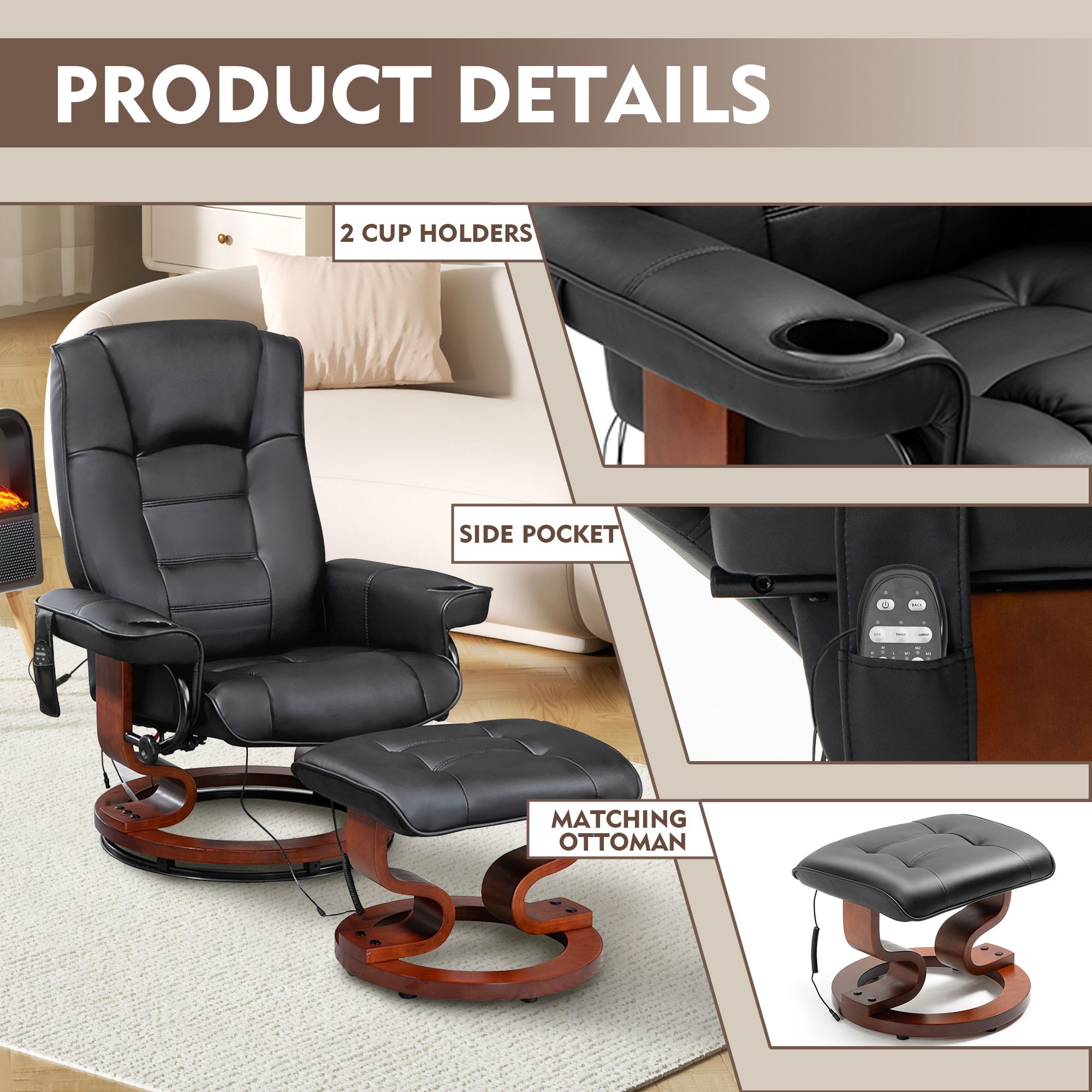 AVAWING 8 Point Vibration Massage Recliner Chair w/ Ottoman, Swivel Reclining Chair, Indoor, Black