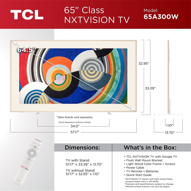 TCL 65" Class NXTVISION TV QLED 4K Smart Google TV and Flush Wall Mount (NEW 2024) - Art TV, Matte Anti-Glare Screen, 120Hz - 65A300W front and back view