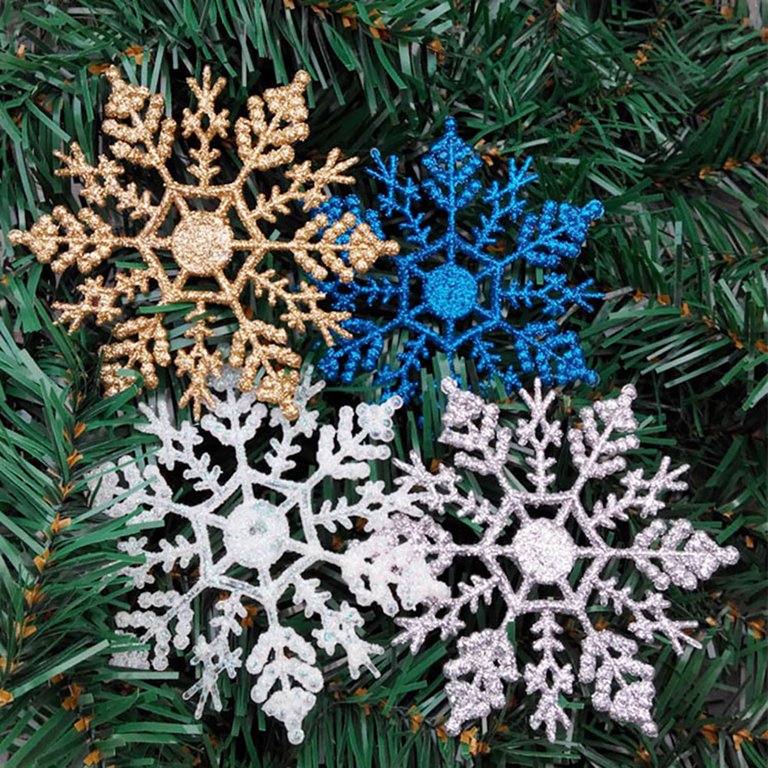 12pcs Snowflake Ornaments Plastic Glitter Snow Flakes Ornaments for Winter Christmas Tree Decorations Craft Snowflakes, Silver, Size: 4