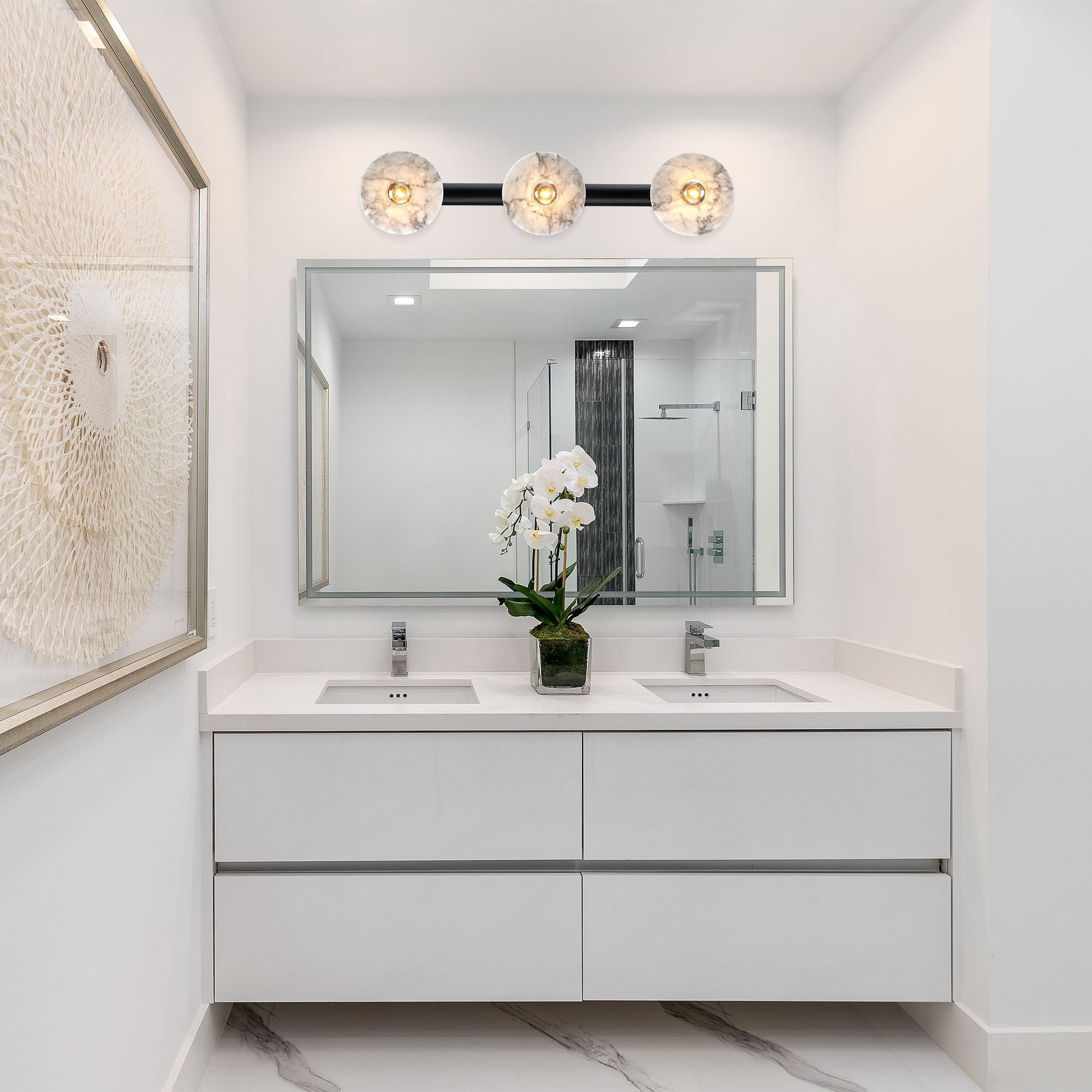 Fina 24.75 in. 3-Light Matte Black Vanity Wall Light with Natural Marble for Bathrooms