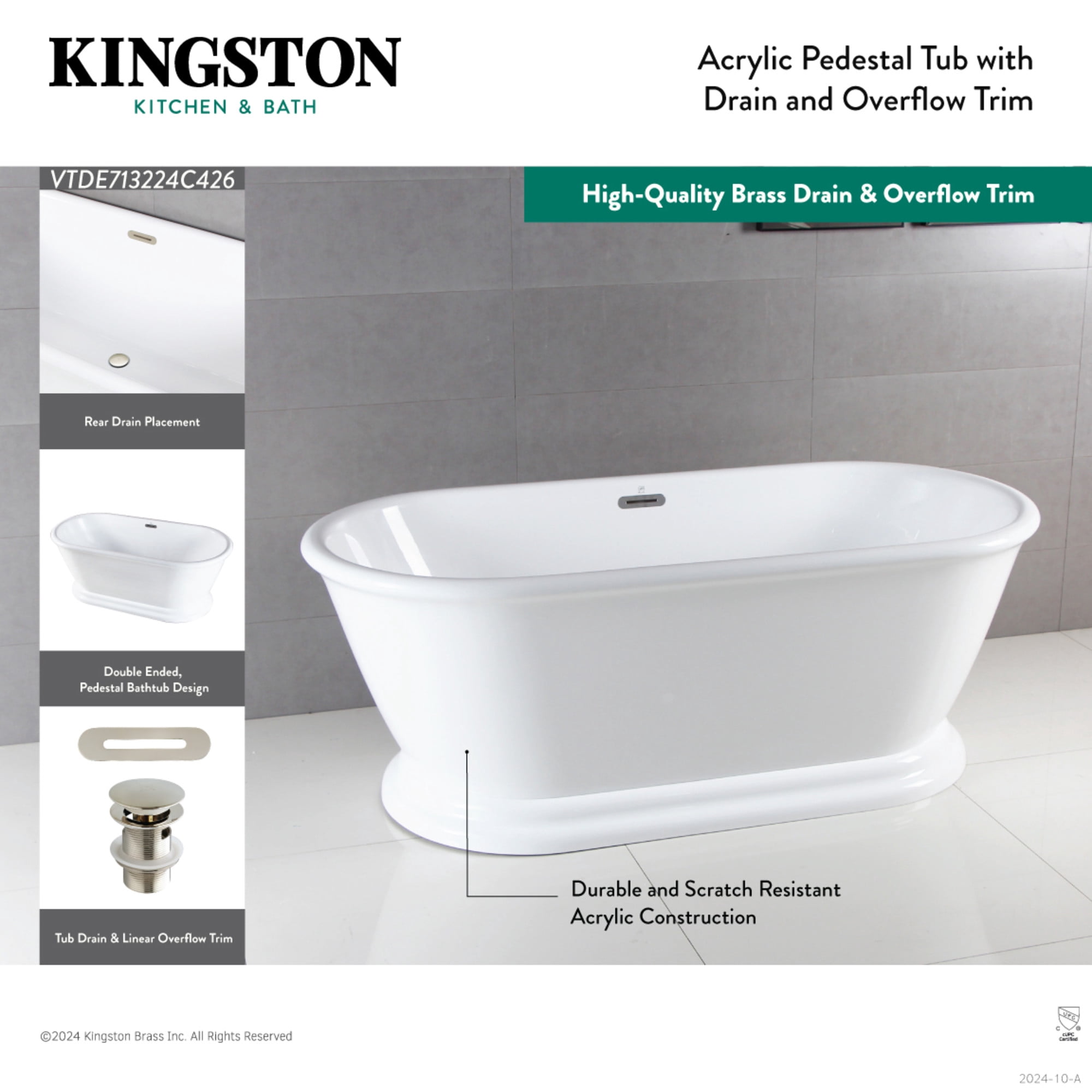 Kingston Brass VTDE713224C423 71-Inch Acrylic Oval Double Ended Pedestal Tub with Drain (No Faucet Drillings) in Glossy White/Antique Brass