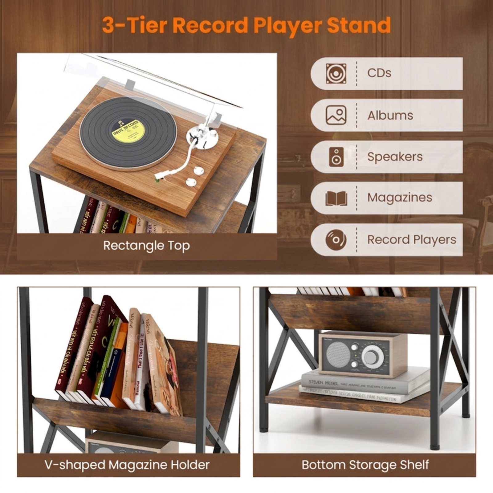 Furnibear 3-Tier Industrial Side Table with V-shaped Bookshelf for Living Room for Living Room Bedroom Sofa Side Nightstand Small Spaces, Rustic Brown