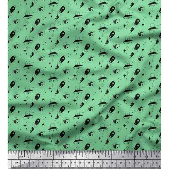 Soimoi Green Cotton Voile Fabric Rocket & Spaceship Galaxy Decor Fabric Printed Yard 42 Inch Wide