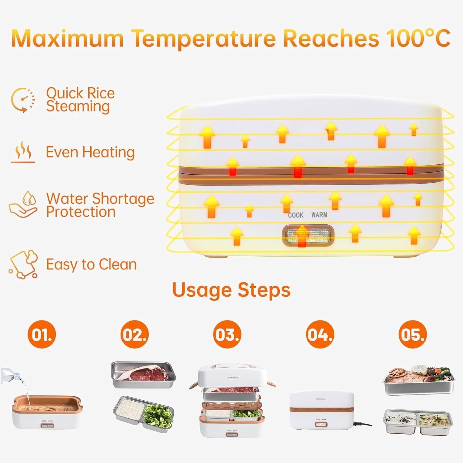 Electric Lunch Box Food Heater, Heating/Cooking/Keep Warm Food Containers for Work Outdoor, Portable 1000mL Standard Capacity, 270W 304 Stainless Steel