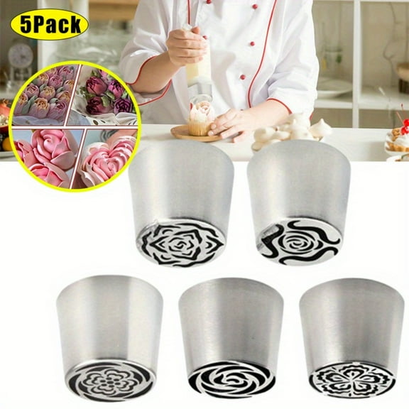 Cake Decorating Tips 5pcs - Russian Pastry Nozzles for Ice Cream Piping, Professional Confectionery Tips with Leaf Tulip Rose Designs