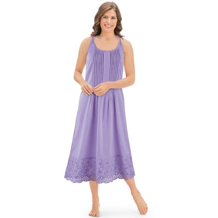 - Women's Eyelet Hem Pintuck Sleeveless Tie Shoulder Knee Length Cotton Nightgown, Xx-Large, Lavender