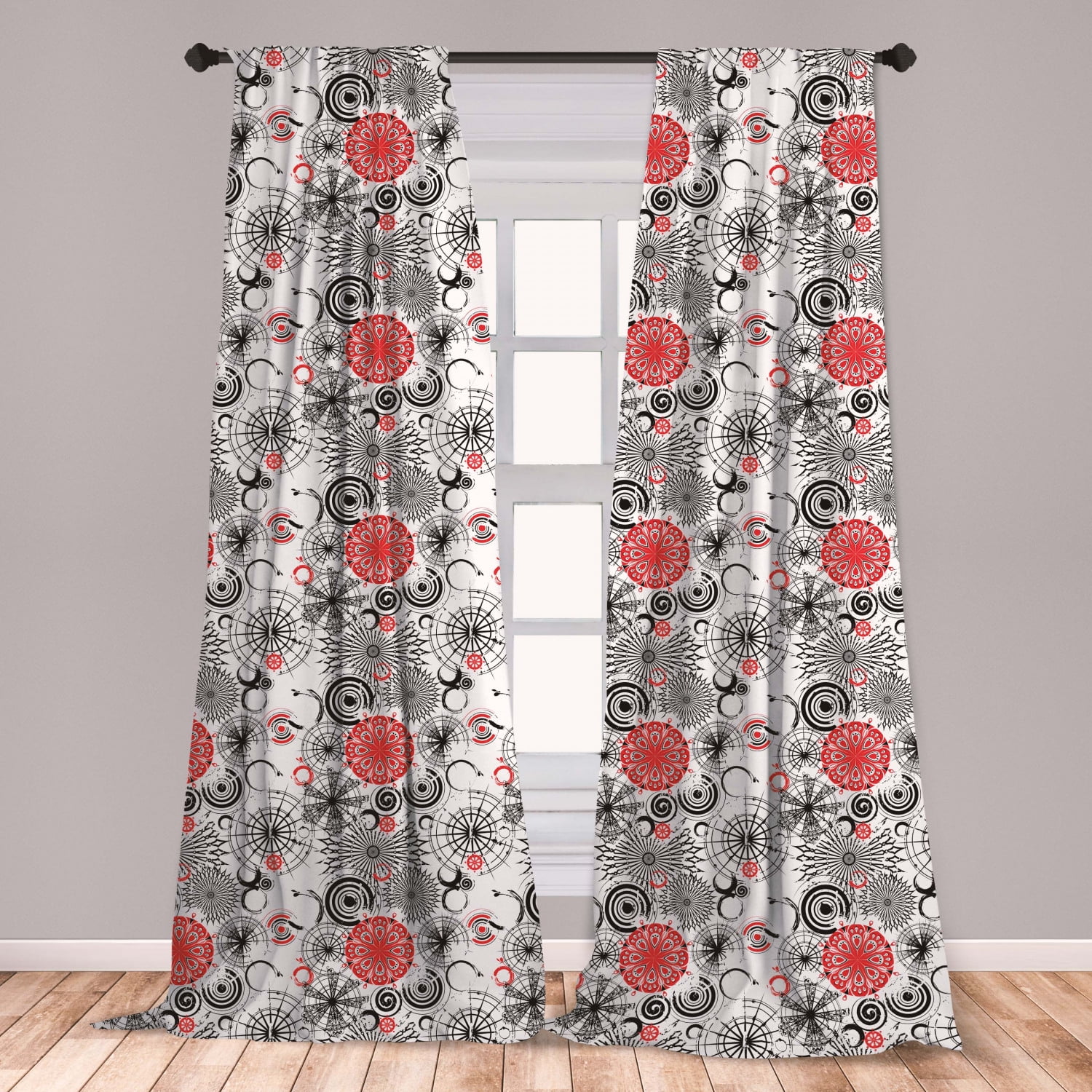 Mandala Curtains 2 Panels Set, Grunge Looking Round Floral Rounds