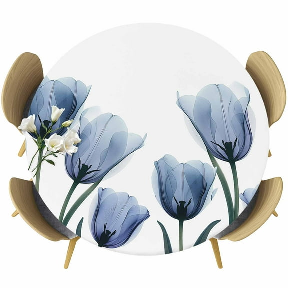 Blue Spring Floral Table Cloth, Round Fitted Tablecloths with Elastic Edge, Tulip Blooming Summer Botanical Wipeable Waterproof Table Cover for Kitchen Wedding 55-60 Inches