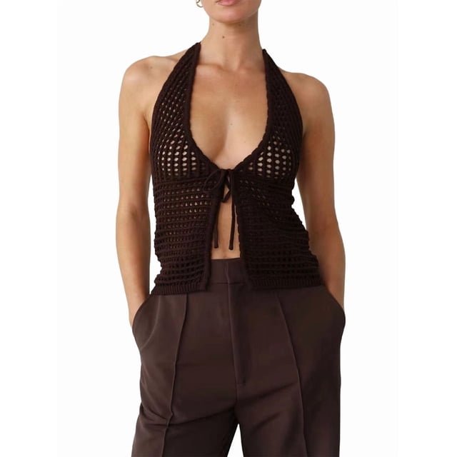 Haut de Maillot de Bain Crop Top Crocheté à Nouer devant Col Halter Couleur Café S