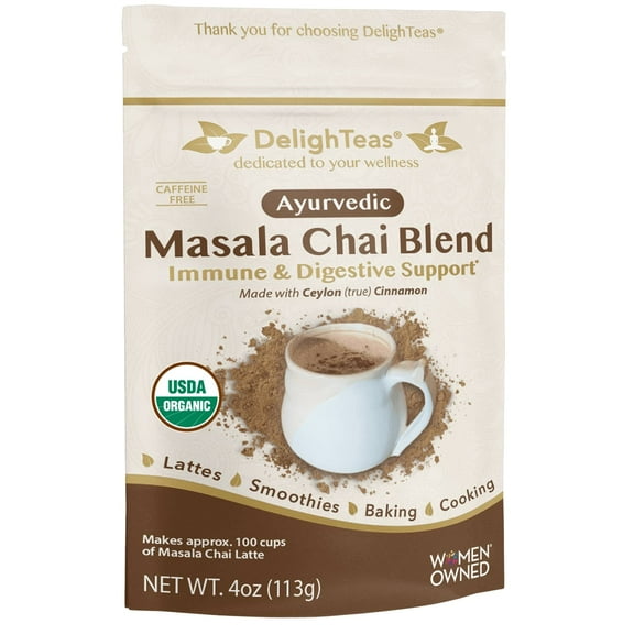 DelighTeas Organic Masala Chai Powder for Chai Spice Tea Latte | Digestion and Immune Support | Ayurvedic Spices for Chai Latte | Caffeine free, Unsweetened, Vegan, Keto (100 Servings, 4 Oz.)