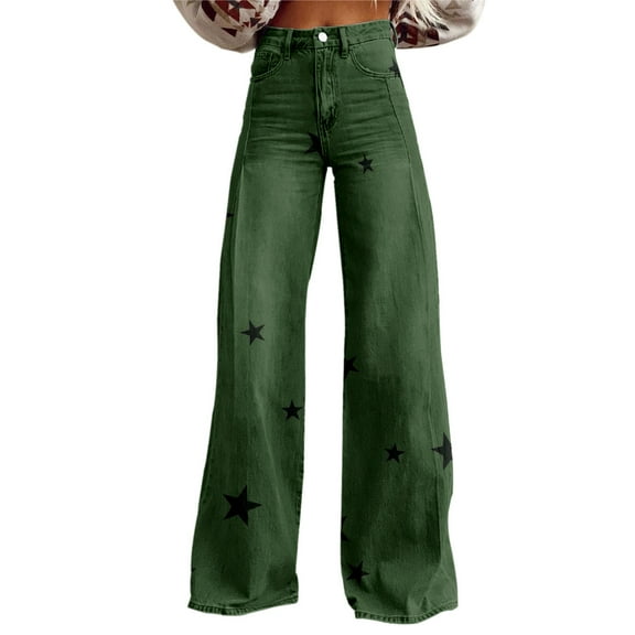 Womens Jeans High Waisted, Comdrip Women's Spring Autumn Flower Print Casual Wide Leg Pants Jeans Women Green M