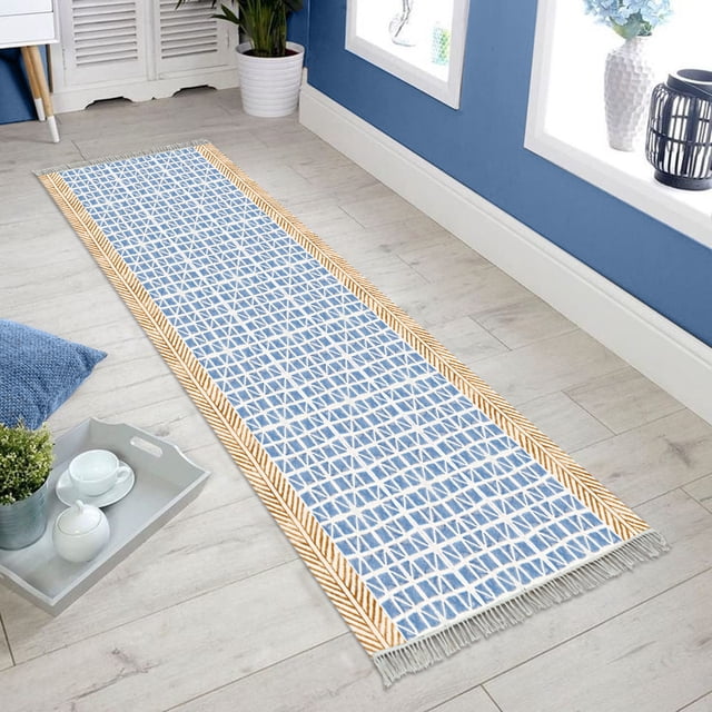 Casavani Handblock Printed Cotton Hallway Stair Runner Rug Home Decor Kilim Rug, Blue 4x10 feet