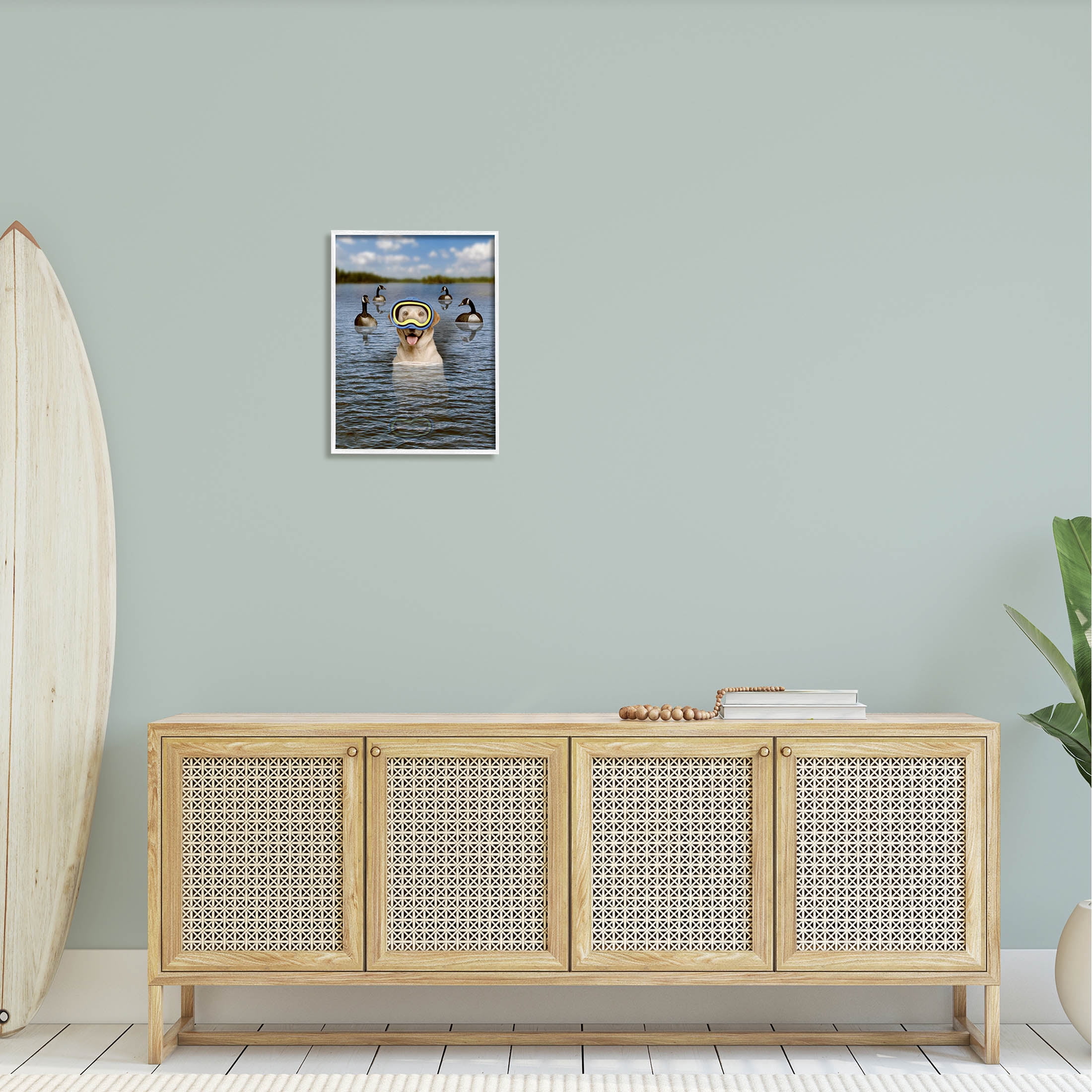 Funny Dog Goggles Swimming Bay Animals & Insects Graphic Art White Framed Art Print Wall Art