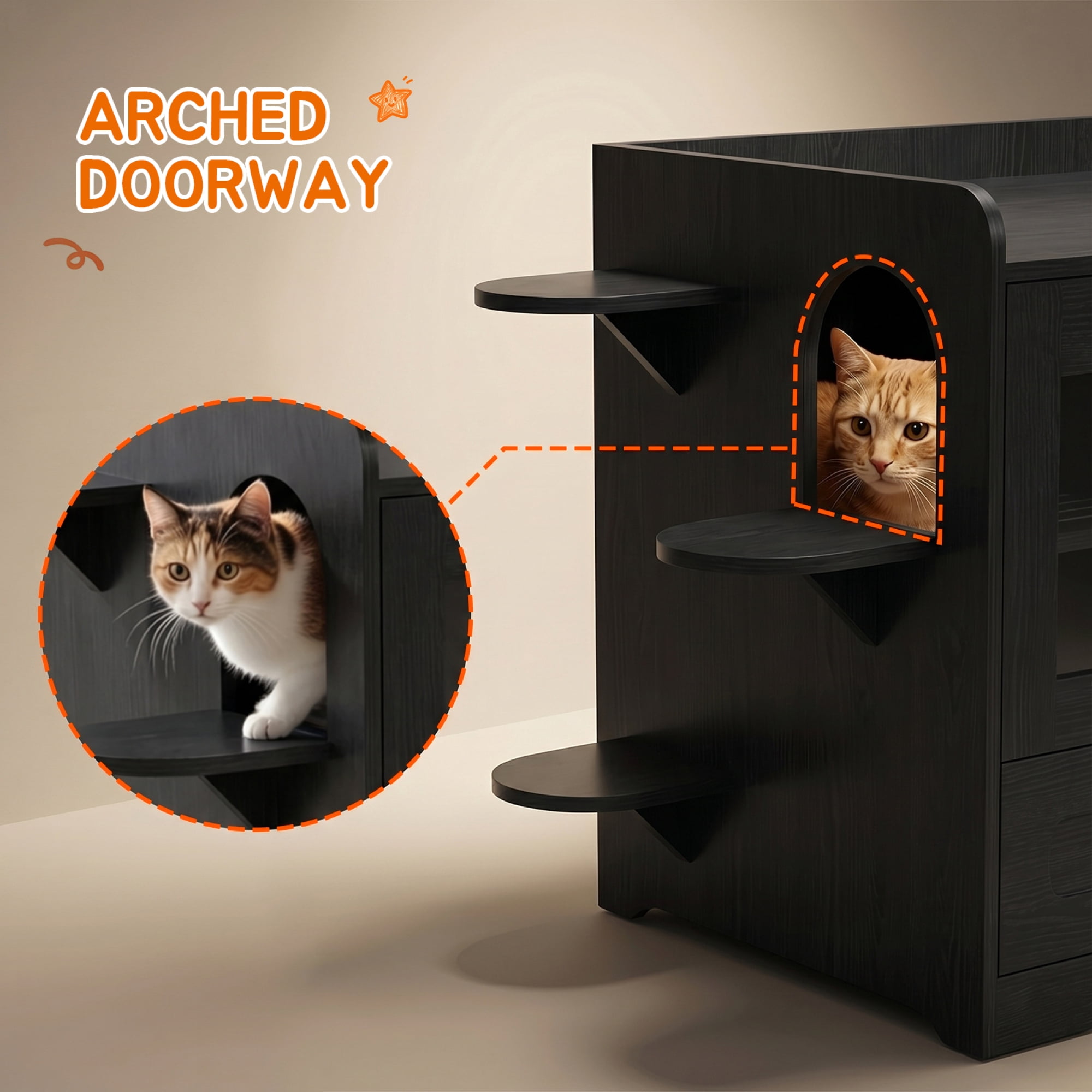 HOQBN Cat Litter Box Enclosure Furniture, Dog Proof Hidden Litter Box Cabinet with Acrylic Door, Extra Long Runway & Storage Drawer, Indoor Cat Play Area Black
