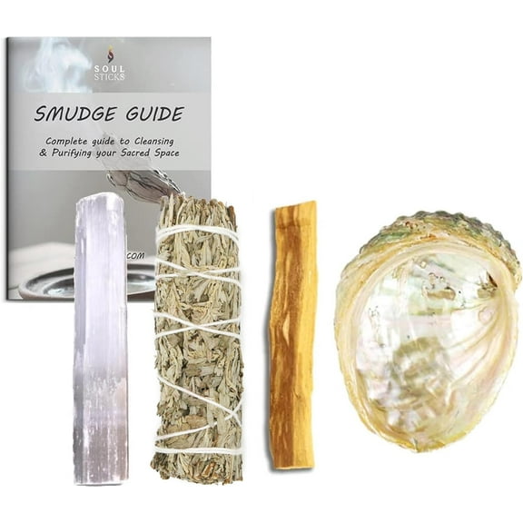 Soul Sticks Beginners Mini Smudge Kit Includes Blue Sage 3-4" Abalone Shell Selenite Wand and Palo Santo with Smudging Guide