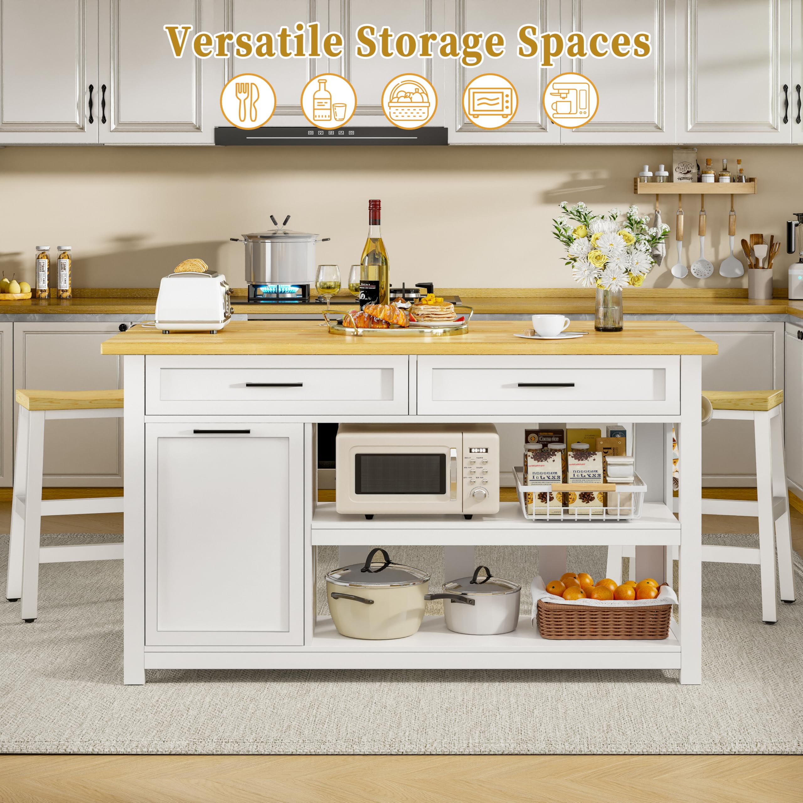 ChicZhiNest Kitchen Island with Seating Include 2 Stools, 47" Solid Rubberwood Dining Table with Power Outlet, 6 Hooks, Kitchen Bar Table Set with 2 Drawers & Open Shelves Storage Cabinet, White