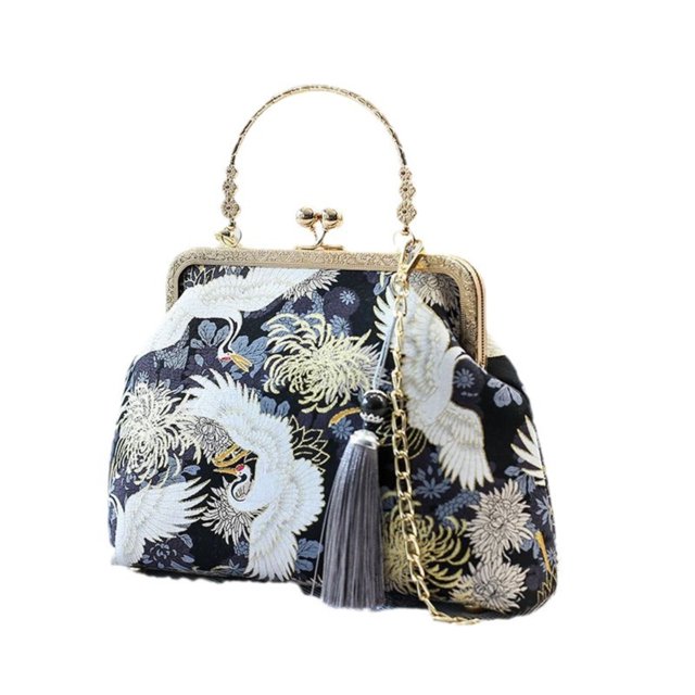 Bolso elegante de seda con bordado de grullas, estilo chino moderno para mujer - Bandolera cruzada o de hombro, color negro, diseño floral clásico (18x22x14 cm)