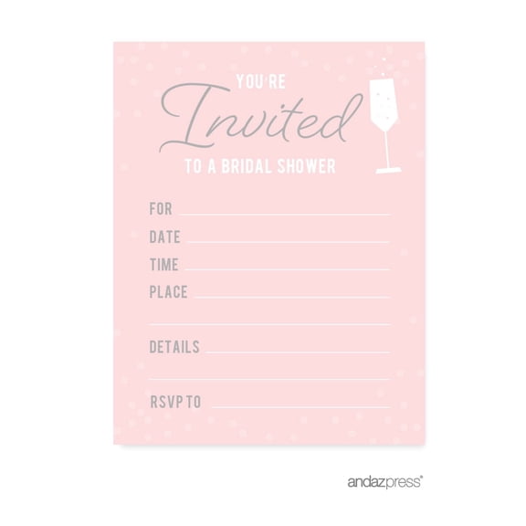 Koyal Wholesale Pink Blush Gray Pop Fizz Clink Bridal Shower Paper Invitations, Blank Cards with Envelopes, 20-Pack