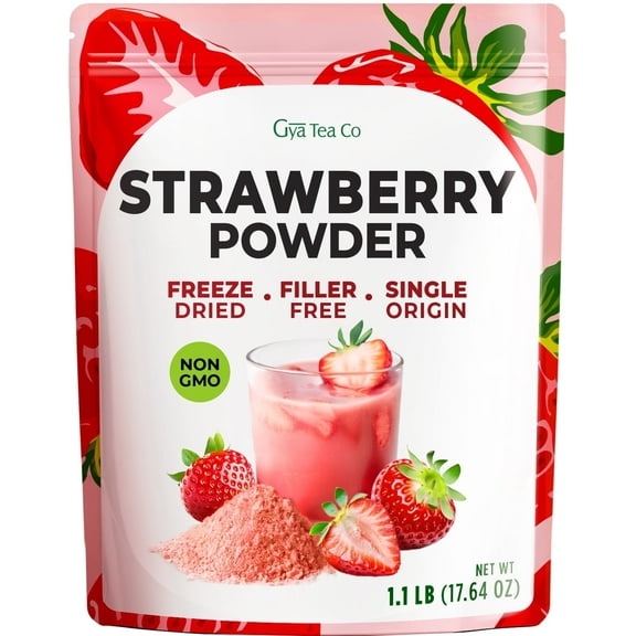 Gya Tea Co Strawberry Powder 1.1lb (17.64 oz) - Freeze Dried Strawberries, Non GMO, Gluten Free, Sugar Free, Natural Strawberry Fruit Powder for Baking, Icing, Cakes & Smoothies, Vegan Friendly