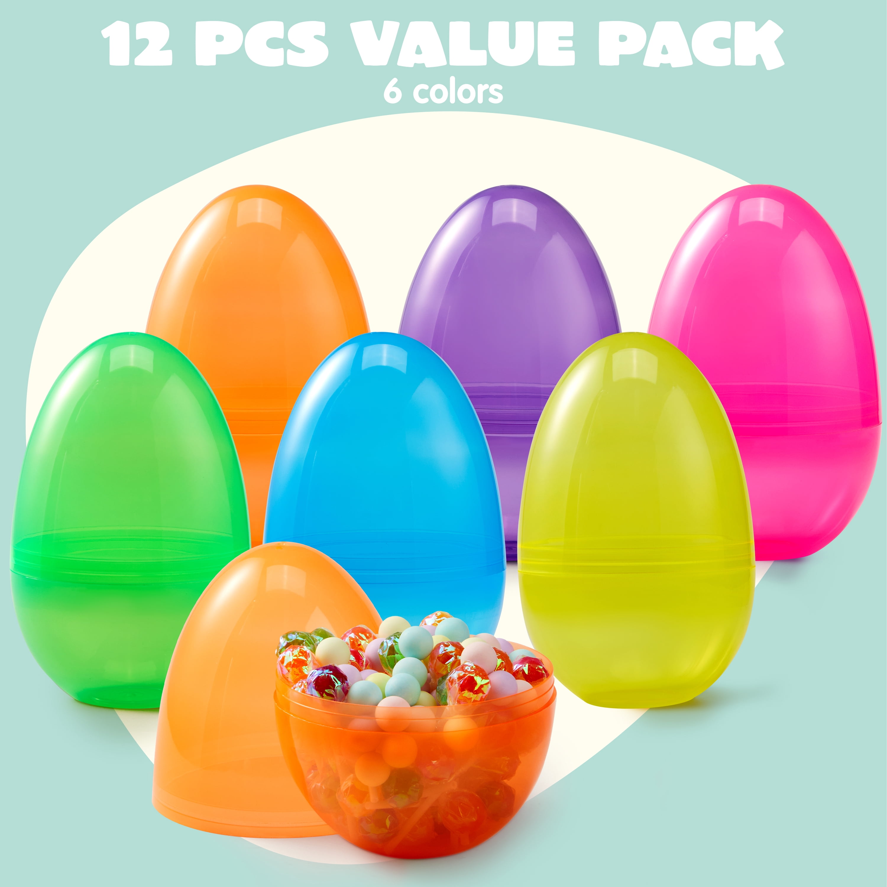 Joyfy 12 Pcs 7" Jumbo Easter Eggs, Assorted Colors Large Clear Plastic Easter Eggs, Empty Fillable Easter Eggs for Filling Treats, Easter Egg Hunt, Party Favor, Classroom Prize