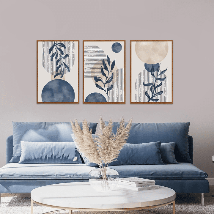 Boho Plant Wall Art Set of 3,Blue Bohemain Framed Canvas,Abstract Geometric Line Wall Painting,Modern Nature Prints,Botanical and Moon Wall Art for Living Room Bedroom Office - 3Pieces,16”X24”